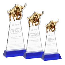 Raging Bull Blue on Hartford Base Animals Crystal Award - Colored Crystal Awards