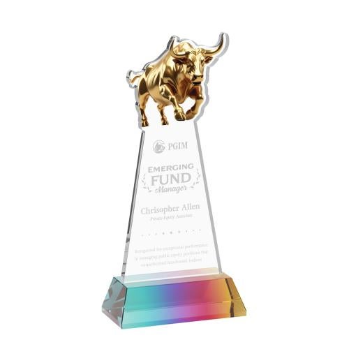 Awards and Trophies - Crystal Awards - Raging Bull Prismatic on Hartford Base Animals Crystal Award