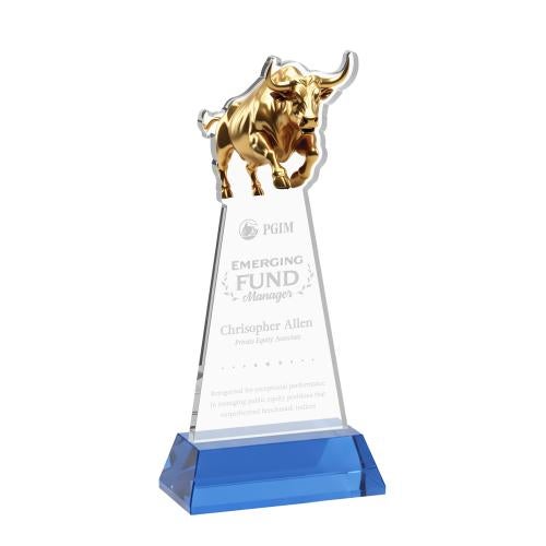 Awards and Trophies - Crystal Awards - Raging Bull Sky Blue on Hartford Base Animals Crystal Award