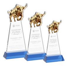 Raging Bull Sky Blue on Hartford Base Animals Crystal Award - Crystal Awards