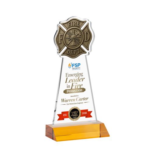 Awards and Trophies - Crystal Awards - Fire Dept Full Color Amber Unique Crystal Award