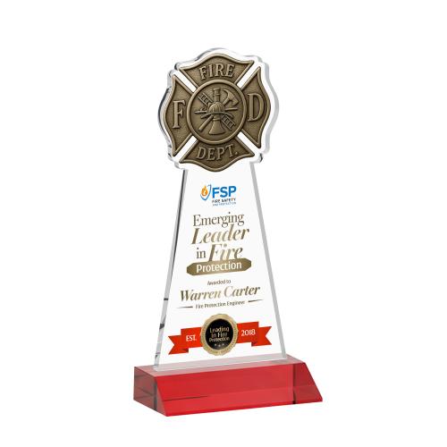 Awards and Trophies - Crystal Awards - Fire Dept Full Color Red Unique Crystal Award
