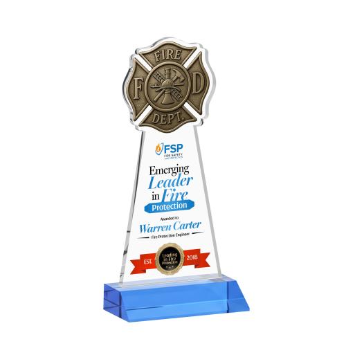 Awards and Trophies - Crystal Awards - Fire Dept Full Color Sky Blue Unique Crystal Award
