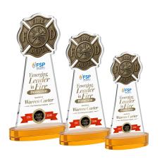 Fire Dept Full Color Amber on Alberton Base Unique Crystal Award - Full Color Imprint