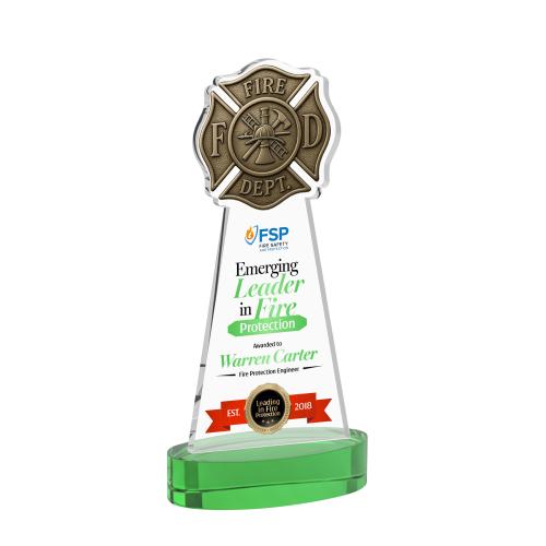 Awards and Trophies - Crystal Awards - Fire Dept Full Color Green on Alberton Base Unique Crystal Award
