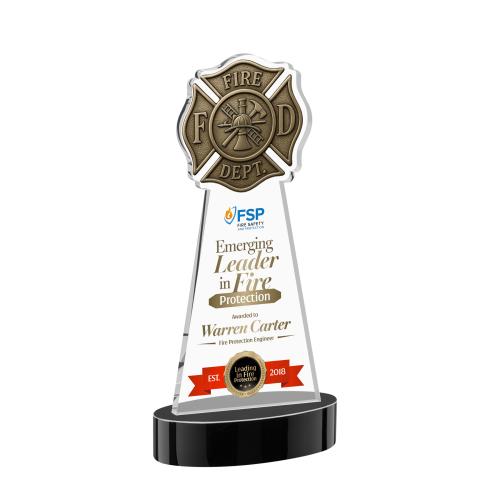 Awards and Trophies - Crystal Awards - Fire Dept Full Color Black on Alberton Base Unique Crystal Award