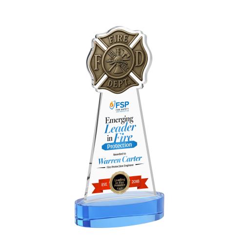 Awards and Trophies - Crystal Awards - Fire Dept Full Color Sky Blue on Alberton Base Unique Crystal Award