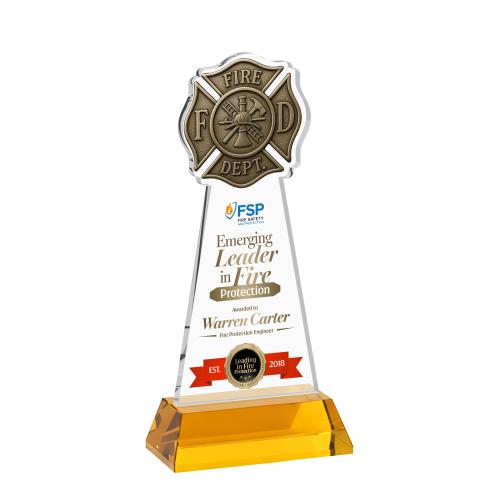 Awards and Trophies - Crystal Awards - Fire Dept Full Color Amber on Hartford Base Unique Crystal Award