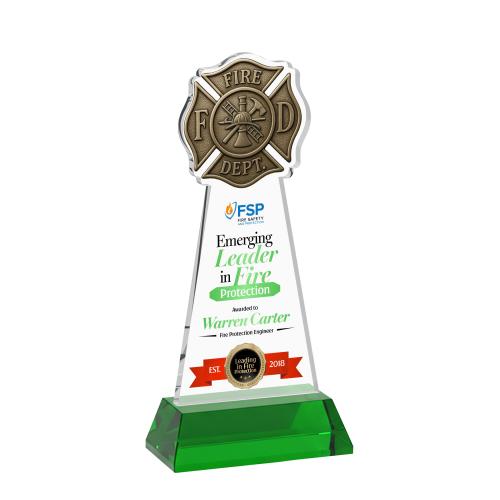 Awards and Trophies - Crystal Awards - Fire Dept Full Color Green on Hartford Base Unique Crystal Award