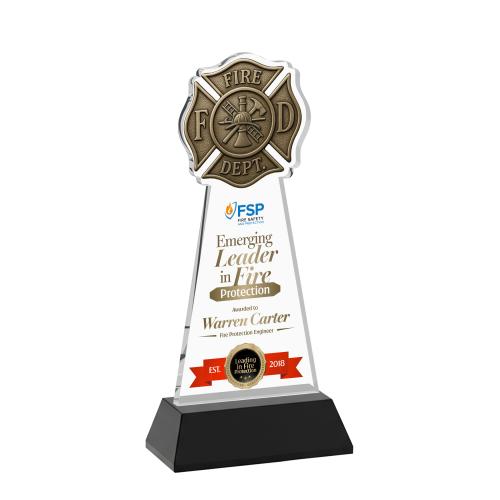 Awards and Trophies - Crystal Awards - Fire Dept Full Color Black on Hartford Base Unique Crystal Award