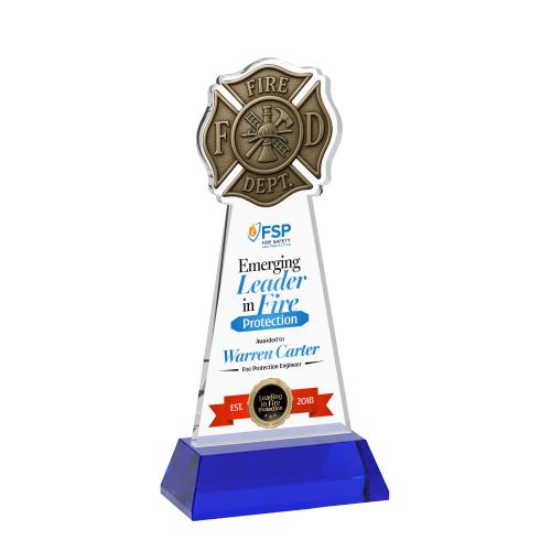 Awards and Trophies - Crystal Awards - Fire Dept Full Color Blue on Hartford Base Unique Crystal Award