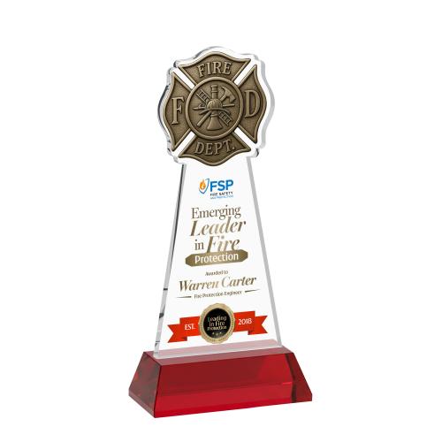 Awards and Trophies - Crystal Awards - Fire Dept Full Color Red on Hartford Base Unique Crystal Award