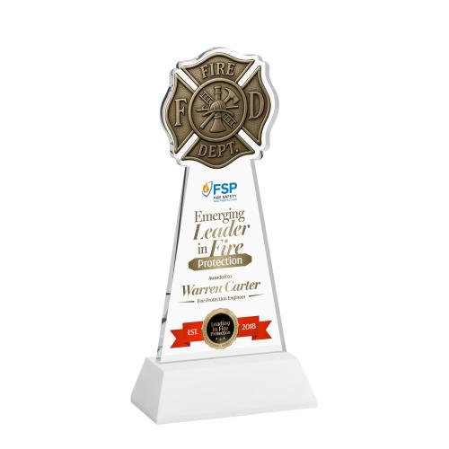 Awards and Trophies - Crystal Awards - Fire Dept Full Color White on Hartford Base Unique Crystal Award