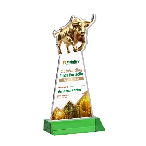 Awards and Trophies - Crystal Awards - Raging Bull Full Color Green Animals Crystal Award