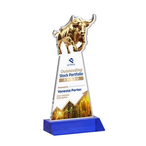 Awards and Trophies - Crystal Awards - Raging Bull Full Color Blue Animals Crystal Award