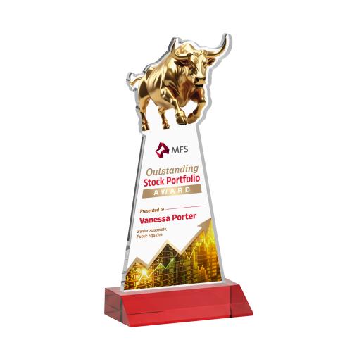 Awards and Trophies - Crystal Awards - Raging Bull Full Color Red Animals Crystal Award