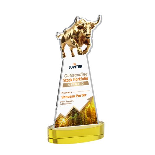 Awards and Trophies - Crystal Awards - Raging Bull Full Color Gold on Alberton Base Animals Crystal Award