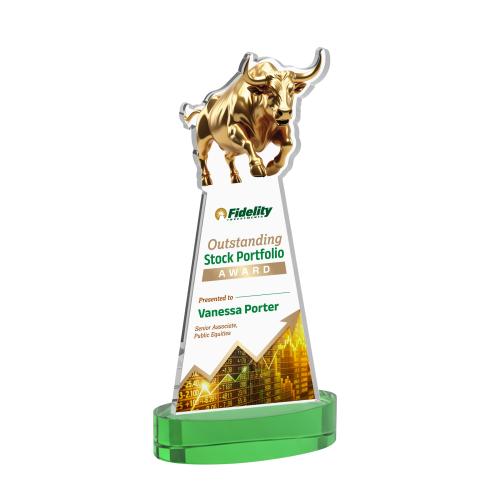 Awards and Trophies - Crystal Awards - Raging Bull Full Color Green on Alberton Base Animals Crystal Award
