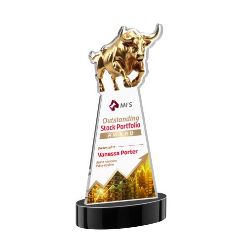 Awards and Trophies - Crystal Awards - Raging Bull Full Color Black on Alberton Base Animals Crystal Award