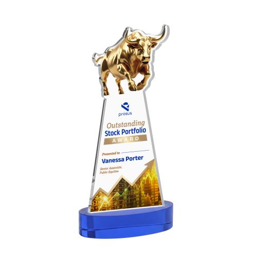 Awards and Trophies - Crystal Awards - Raging Bull Full Color Blue on Alberton Base Animals Crystal Award