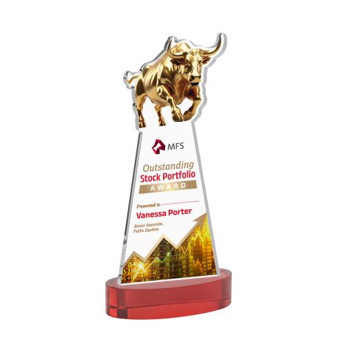 Awards and Trophies - Crystal Awards - Raging Bull Full Color Red on Alberton Base Animals Crystal Award