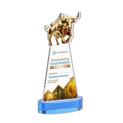 Awards and Trophies - Crystal Awards - Raging Bull Full Color Sky Blue on Alberton Base Animals Crystal Award
