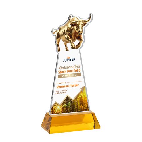 Awards and Trophies - Crystal Awards - Raging Bull Full Color Amber on Hartford Base Animals Crystal Award