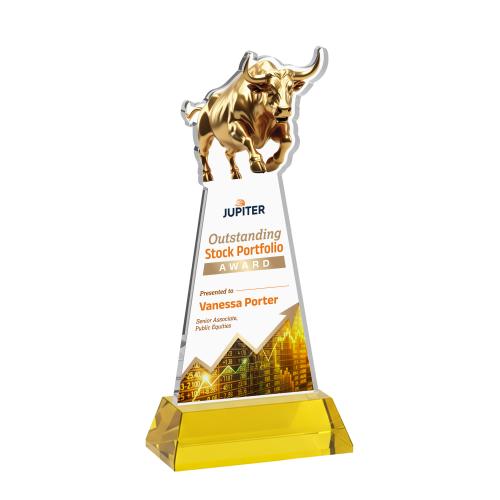 Awards and Trophies - Crystal Awards - Raging Bull Full Color Gold on Hartford Base Animals Crystal Award