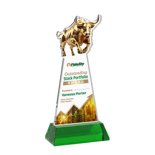 Awards and Trophies - Crystal Awards - Raging Bull Full Color Green on Hartford Base Animals Crystal Award