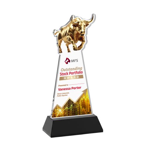 Awards and Trophies - Crystal Awards - Raging Bull Full Color Black on Hartford Base Animals Crystal Award