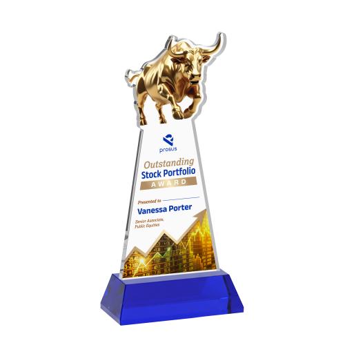 Awards and Trophies - Crystal Awards - Raging Bull Full Color Blue on Hartford Base Animals Crystal Award