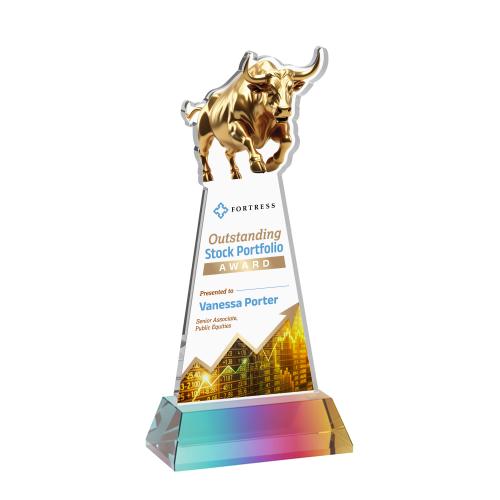 Awards and Trophies - Crystal Awards - Raging Bull Full Color Prismatic on Hartford Base Animals Crystal Award