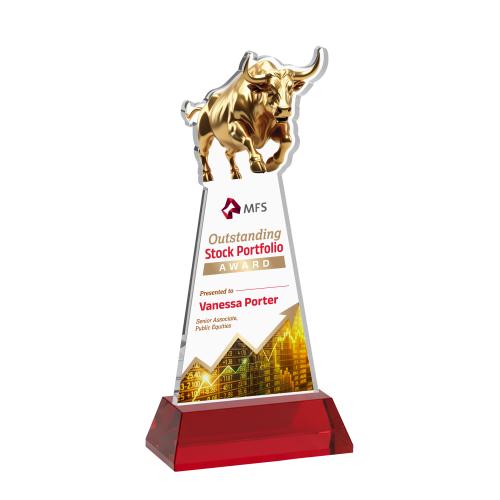 Awards and Trophies - Crystal Awards - Raging Bull Full Color Red on Hartford Base Animals Crystal Award
