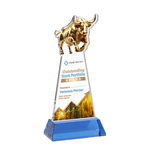 Awards and Trophies - Crystal Awards - Raging Bull Full Color Sky Blue on Hartford Base Animals Crystal Award