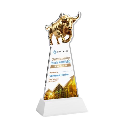 Awards and Trophies - Crystal Awards - Raging Bull Full Color White on Hartford Base Animals Crystal Award