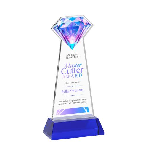 Awards and Trophies - Crystal Awards - Gemstone Full Color Blue on Hartford Base Crystal Award