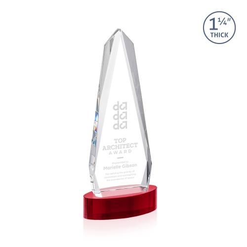 Awards and Trophies - Crystal Awards - Cheswick Red on Alberton Base Obelisk Crystal Award