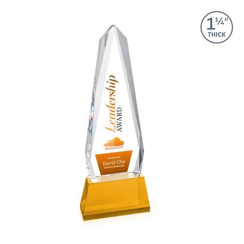 Awards and Trophies - Crystal Awards - Cheswick Full Color Amber on Entwhistle Base Obelisk Crystal Award