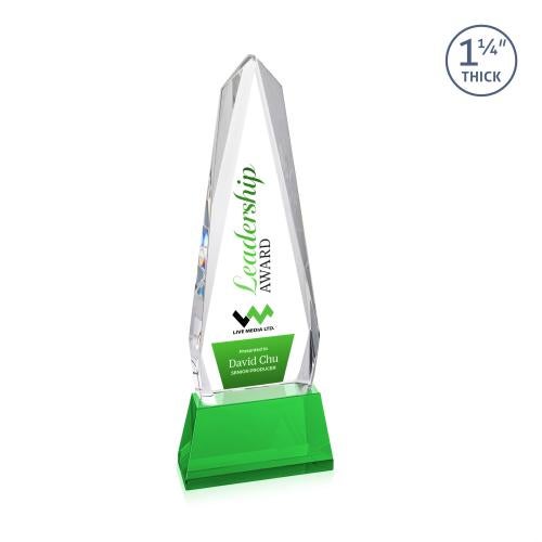 Awards and Trophies - Crystal Awards - Cheswick Full Color Green on Entwhistle Base Obelisk Crystal Award