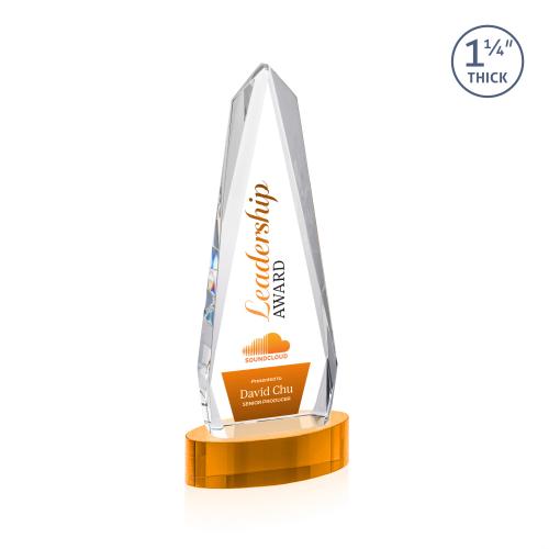 Awards and Trophies - Crystal Awards - Cheswick Full Color Amber on Alberton Base Obelisk Crystal Award