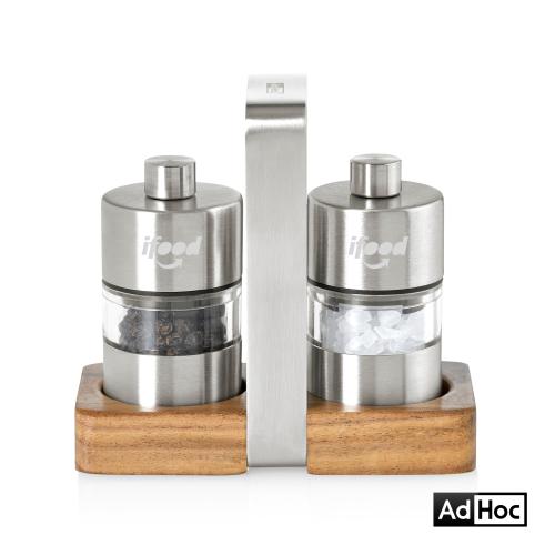 Promotional Products - Housewares - Salt & Pepper Mills - AdHoc&reg; Menage Minimill S & P Mill Set w/Acacia Wood Base