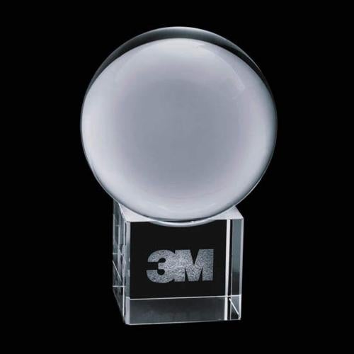 Awards and Trophies - Crystal Awards - Crystal Ball Globe on Cube 3D Crystal Award
