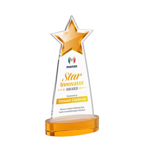 Awards and Trophies - Crystal Awards - Starlite Full Color Amber on Alberton Base Star Crystal Award