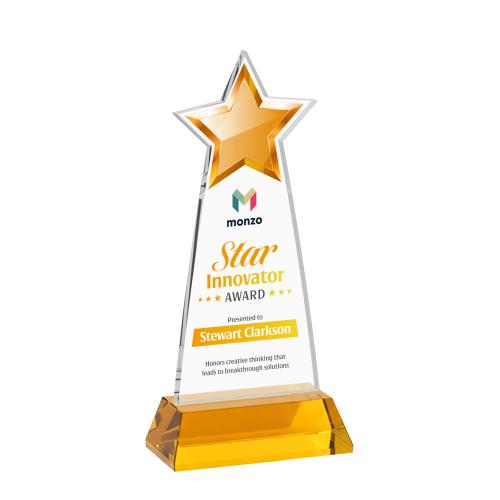 Awards and Trophies - Crystal Awards - Starlite Full Color Amber on Hartford Base Star Crystal Award