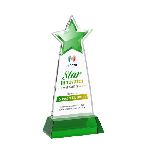 Awards and Trophies - Crystal Awards - Starlite Full Color Green on Hartford Base Star Crystal Award