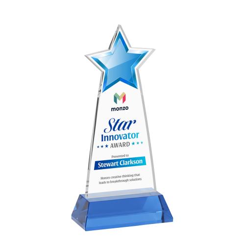 Awards and Trophies - Crystal Awards - Starlite Full Color Sky Blue on Hartford Base Star Crystal Award