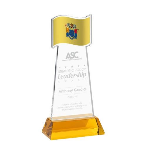 Awards and Trophies - Crystal Awards - Flag Amber on Hartford Base Unique Crystal Award
