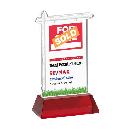 Awards and Trophies - Crystal Awards - Real Estate Full Color Red on Hartford Base Unique Crystal Award