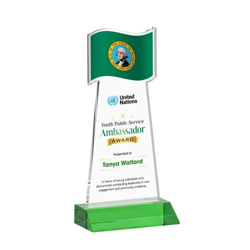Awards and Trophies - Crystal Awards - Flag Full Color Green Unique Crystal Award