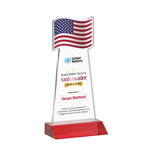 Awards and Trophies - Crystal Awards - Flag Full Color Red Unique Crystal Award